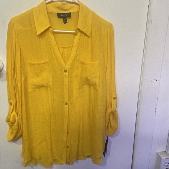 BCX Tops - BCX Yellow 3/4 Sleeve Notched Collar Blouse